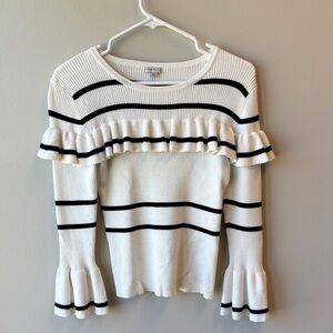 Habitual White Sweater with Black Stripes and Ruffle Accents